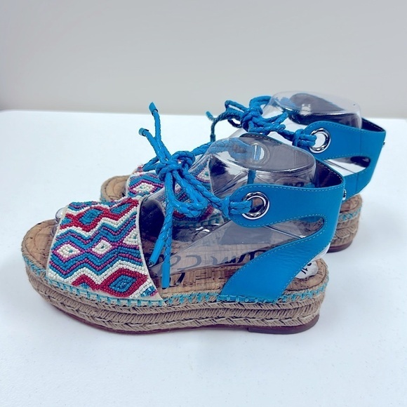 SAM EDELMAN "NEERA"  BLUE & RED BEADING ESPADRILLE WEDGES SZ 6.5 BOHO COASTAL - Picture 9 of 13